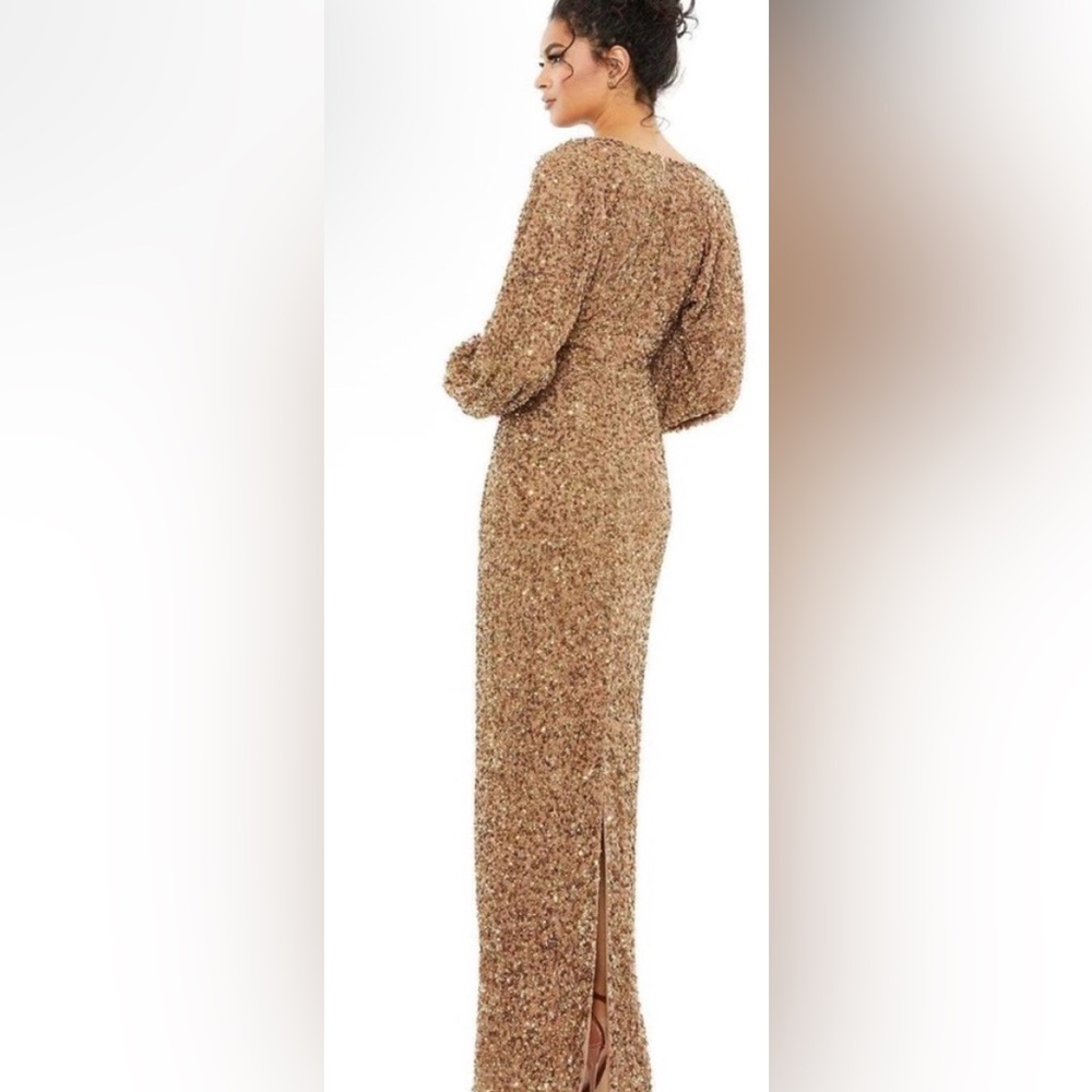 Mac Duggal Gold Sequined Long Sleeve V-Neck Gown - Picture 3 of 10